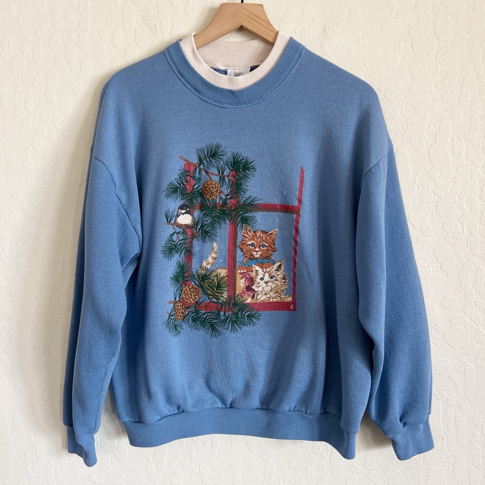 Vintage Gopher Sport Cat Graphic Crewneck Sweatshirt Large Blue Winter Novelty